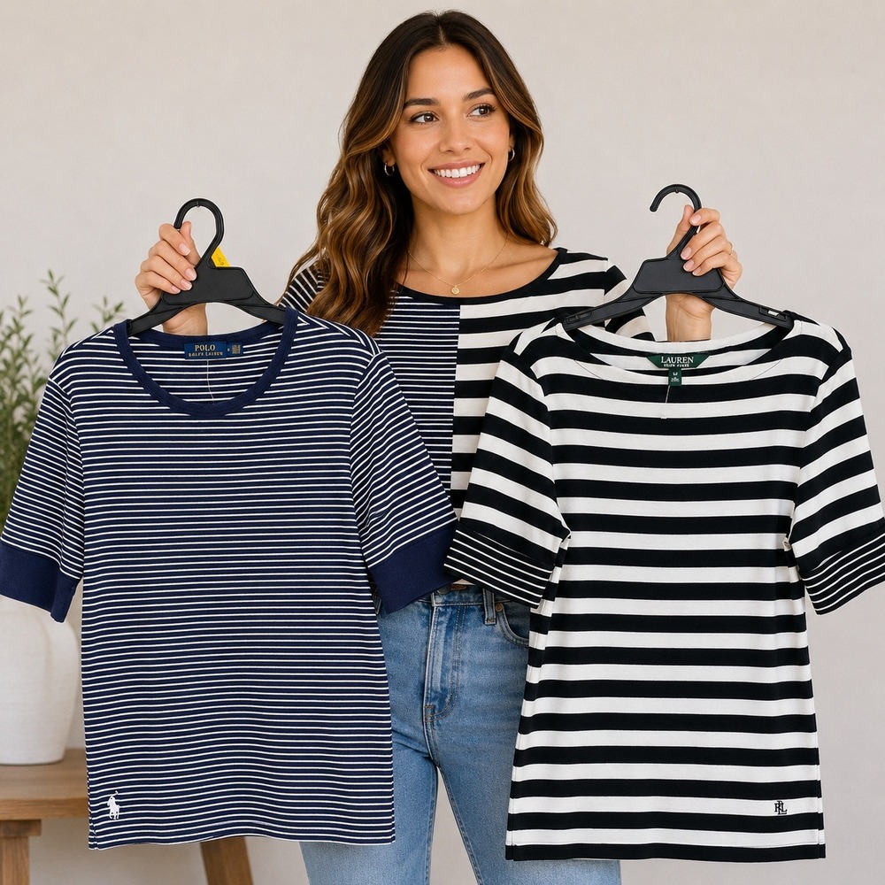 Ralph Lauren Striped Tops Bundle Mens Medium Navy Black White Nautical‎ 2pk